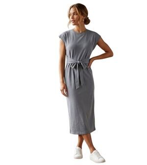Zara Women's Gray/Blue Cotton/Spandex T-shirt Knit Dress w Slit & Sash